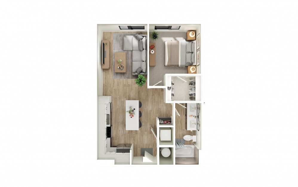 A3 - 1 bedroom floorplan layout with 1 bath and 724 square feet. (Floorplan)