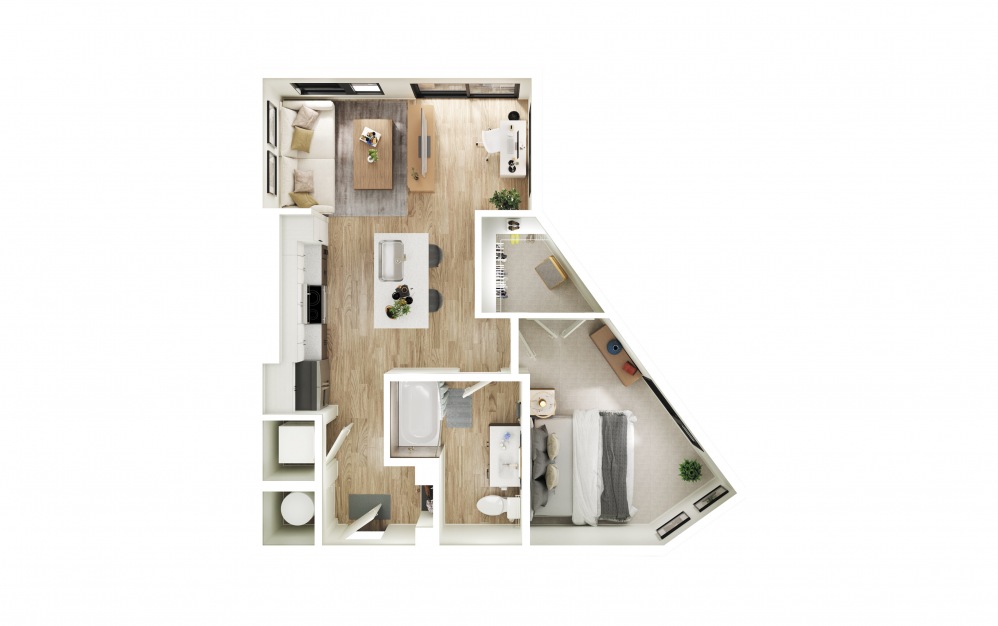 A4 - 1 bedroom floorplan layout with 1 bath and 724 square feet.