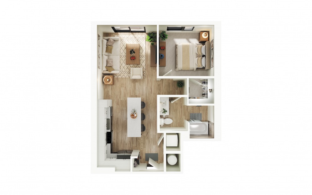 A7 - 1 bedroom floorplan layout with 1 bath and 738 square feet.