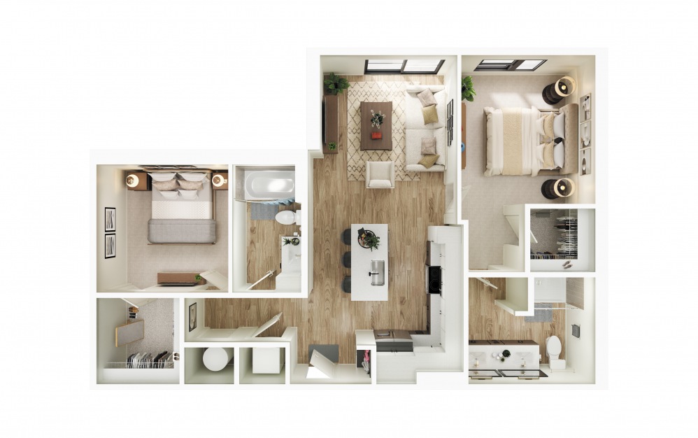 B1 - 2 bedroom floorplan layout with 2 baths and 998 square feet.