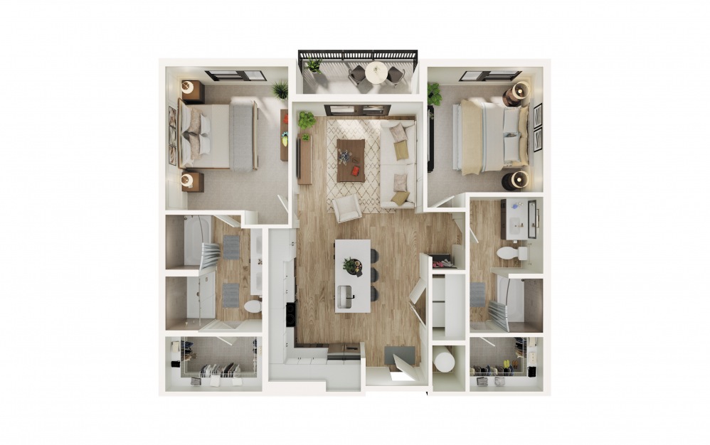 B2-P - 2 bedroom floorplan layout with 2 baths and 1074 square feet.