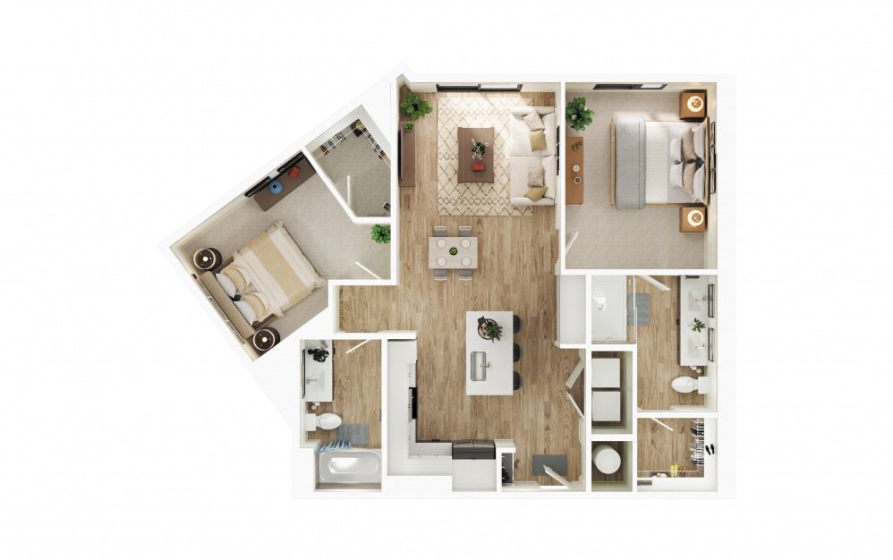 B3 - 2 bedroom floorplan layout with 2 baths and 1076 square feet.
