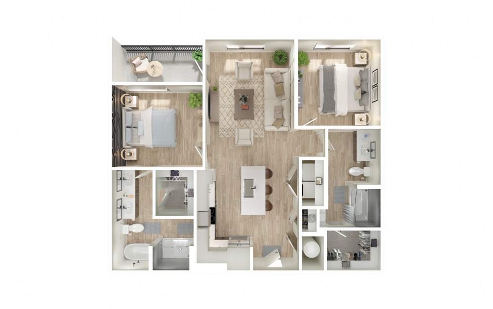 B5-P - 2 bedroom floorplan layout with 2 baths and 1090 square feet.