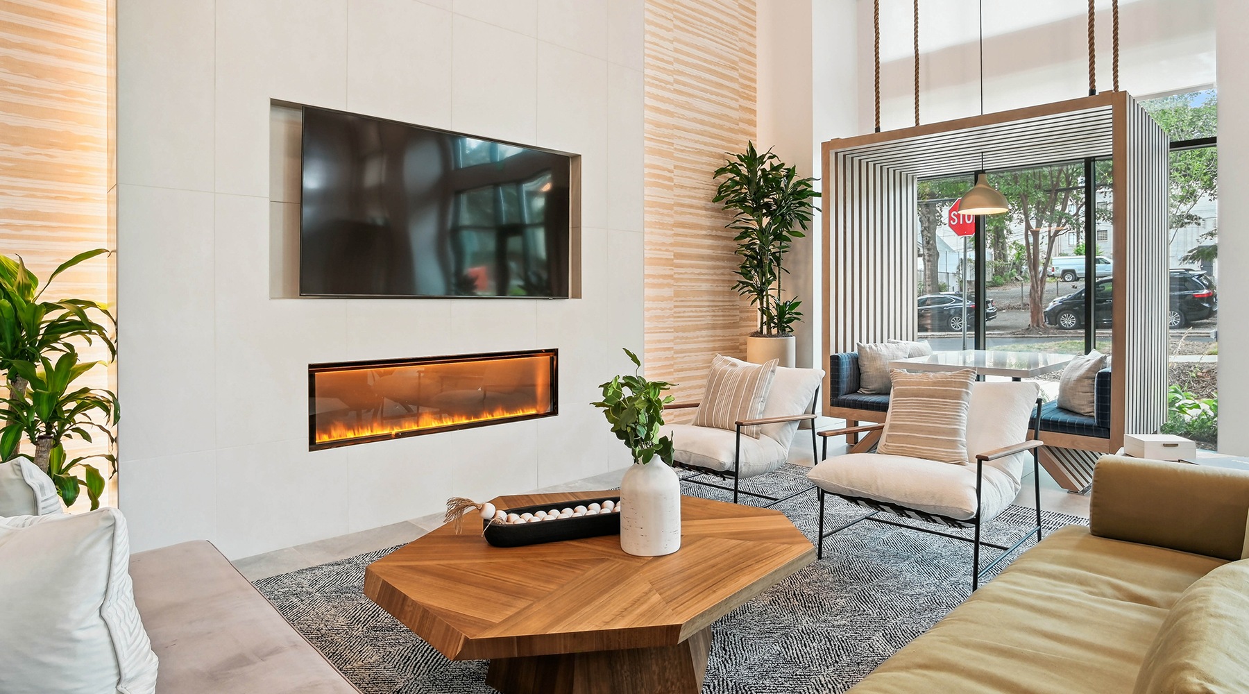 cozy modern lounge furniture with fireplace